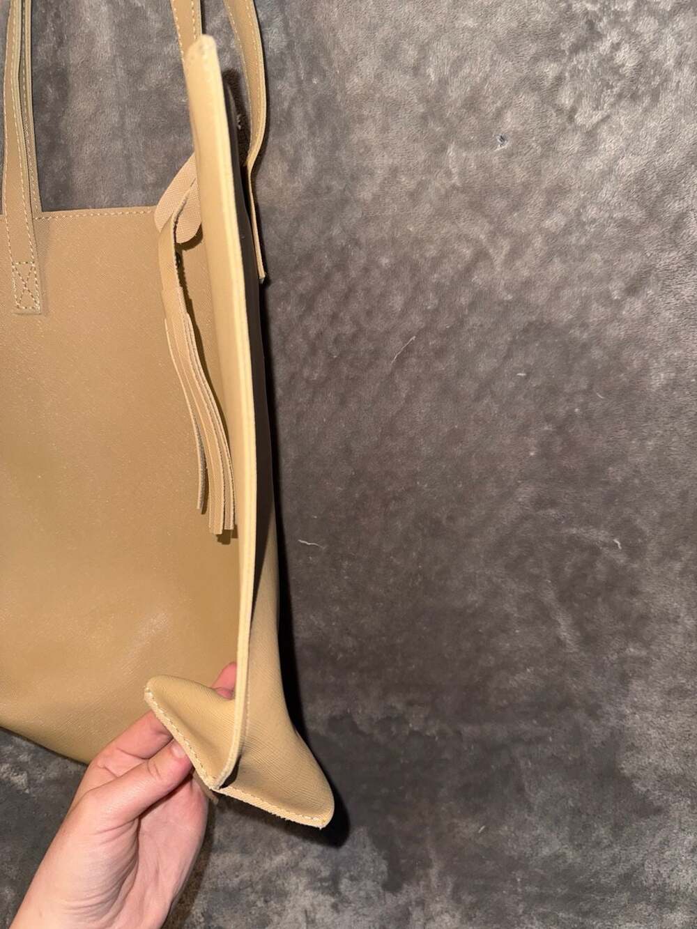 Tan Faux Leather Saffiano Tote Bag with Tassel - Picture 3 of 6